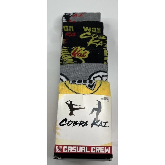 NWT Bio World Cobra Kai 6 Pair Crew Socks Size 8-12 Gray Yellow Red - Picture 4 of 4
